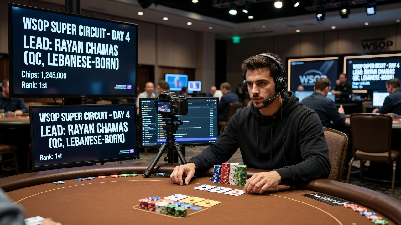 Close-up of poker chips and cards on a felt table at a high-stakes tournament