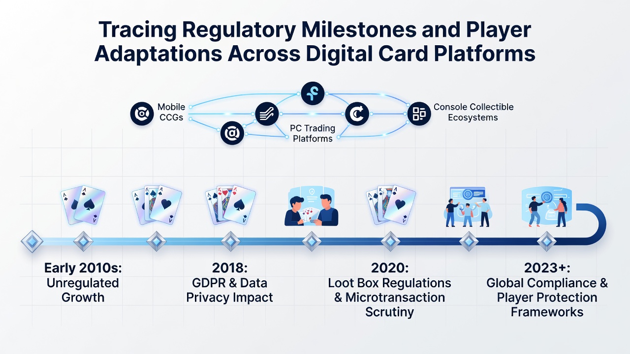 Players adapting to new digital card platform rules with mobile interfaces and regulatory compliance icons
